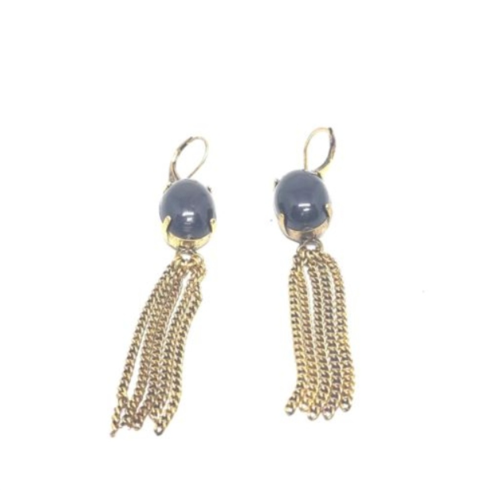 Large Dark Stone Earrings with Vintage Chains